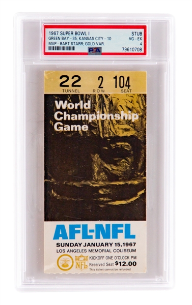 January 15th 1967 Super Bowl I Gold Variation Ticket Stub (Green Bay Packers vs Kansas City Chiefs - Graded PSA 4) Plus August 27th 1966 Packers vs Steelers Working Press Pass