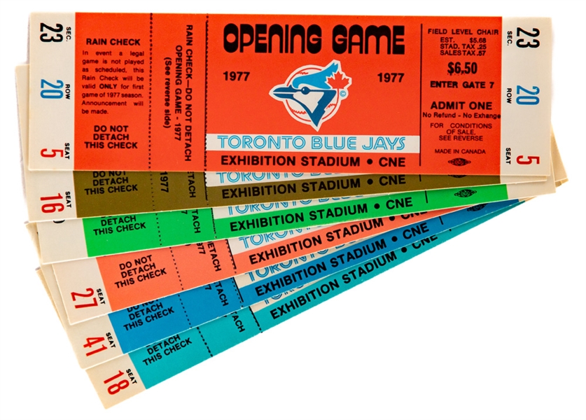 Toronto Blue Jays April 7th 1977 Inaugural Game Full Tickets (6) - Includes Each of the Six Colour Variations!