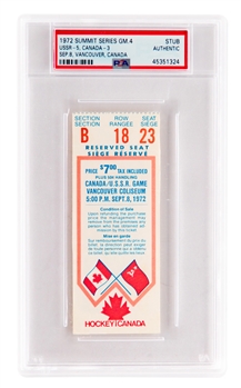 1972 Canada-Russia Series Game 4 Ticket Stub from Vancouver Coliseum - Graded PSA Authentic