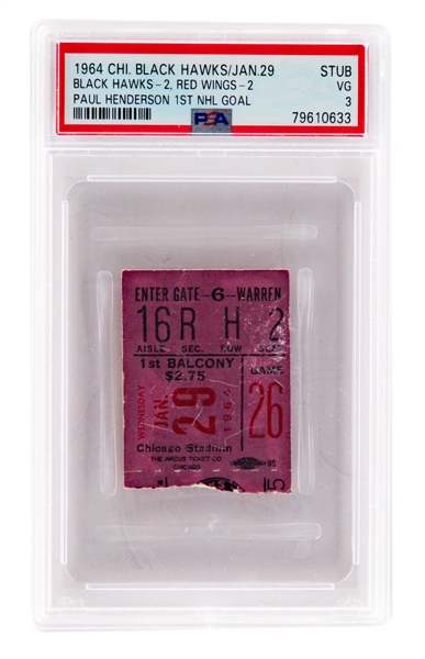 January 29th 1964 Chicago Black Hawks vs Detroit Red Wings Ticket Stub - Graded PSA 3 - Paul Henderson First NHL Goal! - Only Example Graded at PSA!