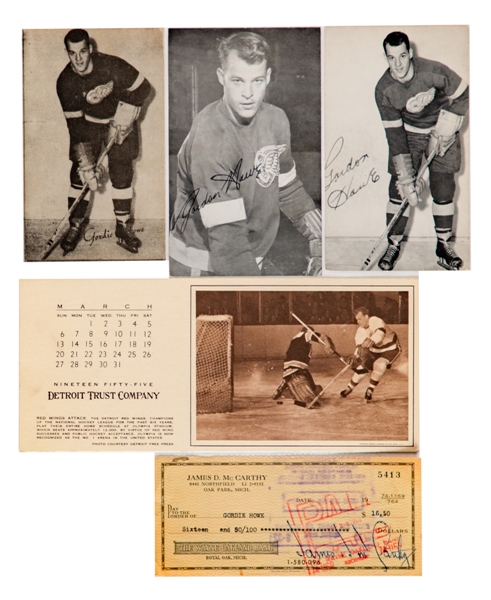 Gordie Howe Memorabilia Collection with Postcards and 1972 Gordie Howe Jersey Retirement Program