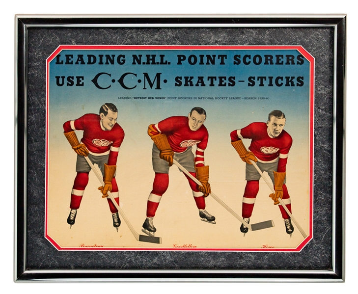 Rare Detroit Red Wings 1939-40 CCM Advertising Framed Display with Ebbie Goodfellow, Mud Bruneteau and Syd Howe (21 1/2" x 26 1/2")