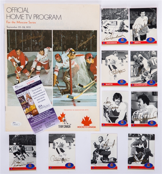 Team Canada 1972 Signed Cards (10) Plus Canada-Russia Series Home TV Program Signed by Henderson and F. Mahovlich with JSA Basic Cert