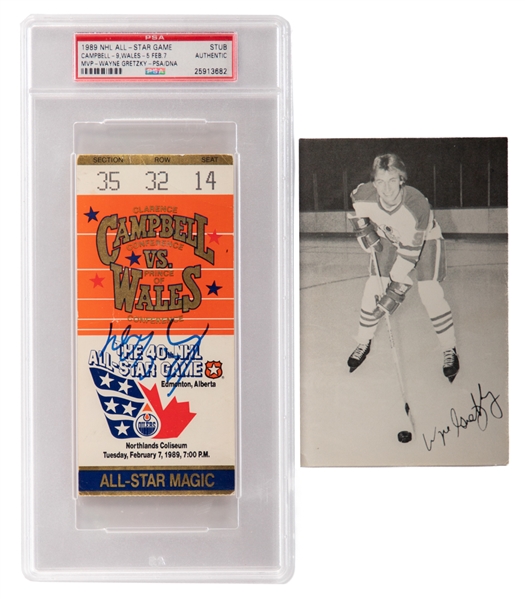 Wayne Gretzky Collection Including Signed 1989 NHL All-Star Game Ticket (PSA/DNA Certified), Wayne and Walter Gretzky Dual-Signed Photo (JSA Certified), Wedding Photo and Scarce Postcard