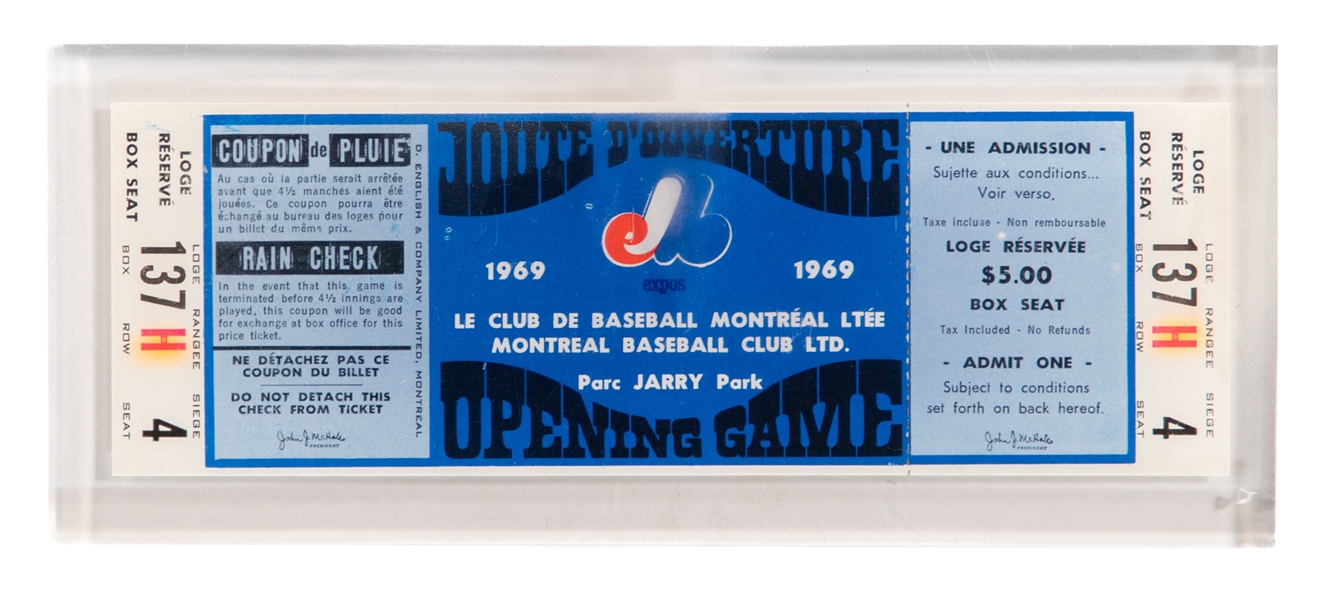 1969 Montreal Expos Season Ticket Holder First Game Full Ticket in Lucite