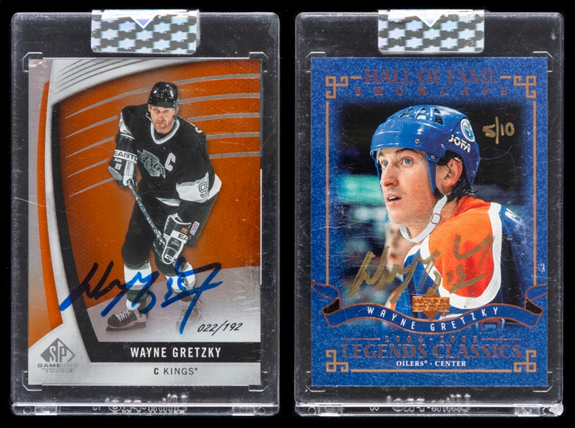 2004-05 UD HOF Showcase Legends Classic #82 (5/10 - 2019-20 Buybacks) and 2017-18 SP Game Used Orange Rainbow Parallel #85 (2 Issued - 2019-20 Buybacks) Signed Hockey Cards of HOFer Wayne Gretzky