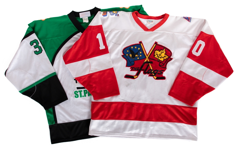 Kraig Nienhuis 1998-01 UHL Port Huron Border Cats and Chris Hodgsons 2005-06 UHL "St. Patricks" Port Huron Flags Game-Worn Jerseys