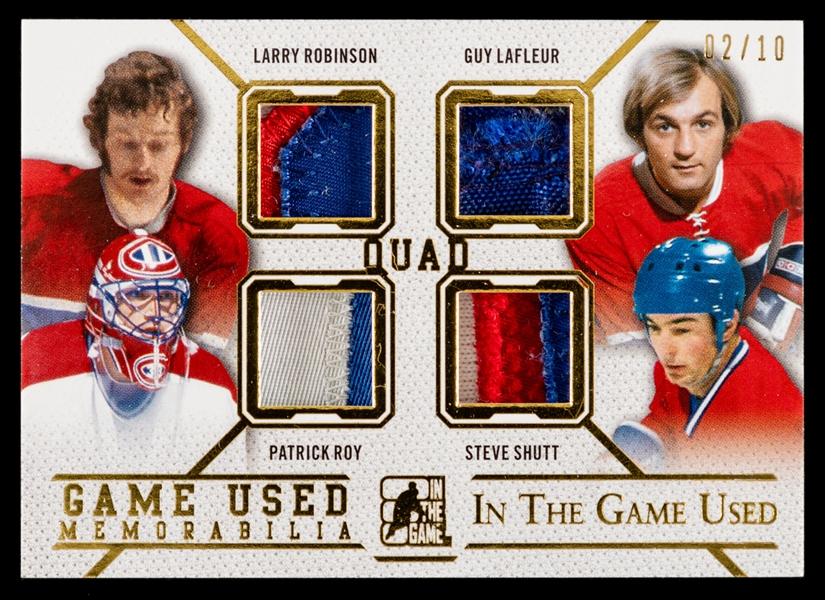 2015-16 Leaf In The Game Used Game-Used Memorabilia Quad Patch Hockey Card #GU4P-07 HOFers Larry Robinson / Guy Lafleur / Patrick Roy / Steve Shutt (02/10)