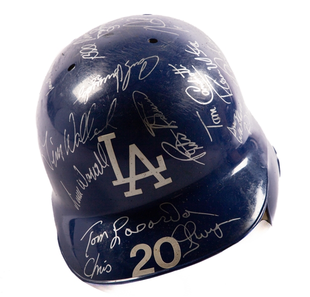 Mike Blowers 1996 Los Angeles Dodgers Team-Signed Game-Used Batting Helmet Including Piazza, Lasorda, DeShields and Others Plus Chris Gwynns Mid-1990s Game-Worn Signed Dodgers Hat w/ JSA Auction LOA