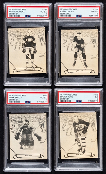 1936-37 O-Pee-Chee Series "D" (V304D) Hockey Complete PSA-Graded 36-Card Set Inc. HOFers #121 Morenz (VG-EX 4), #129 Joliat (NM-MT 8), #97 Broda RC (VG-EX 4), #118 Shore (EX 5) and #125 Clancy (EX 5)