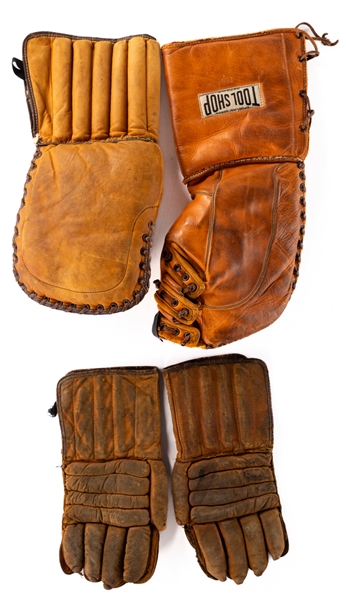 1940s Stall & Dean Blocker and Glove and 1930s Hockey Glove Pair with "Tool Shop" Labels Associated with Detroit Red Wings