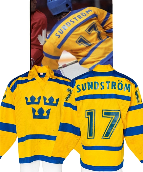 Patrik Sundstroms 1984 Canada Cup Team Sweden Game-Worn Jersey Originally From Mike Bossys Personal Collection with Bossy Family LOA - Photo and Video-Matched!