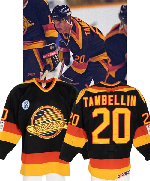 Steve Tambellinis 1986-87 Vancouver Canucks Game-Worn Jersey - Features 1985-86 Season Expo 86 and Vancouver 100th Anniversary Patches! - Team Repairs! **ADDENDUM**