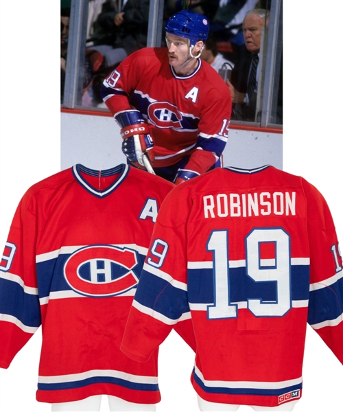 Larry Robinsons Circa 1986 Montreal Canadiens Signed Game-Worn Alternate Captains Jersey - 15 Team Repairs! 