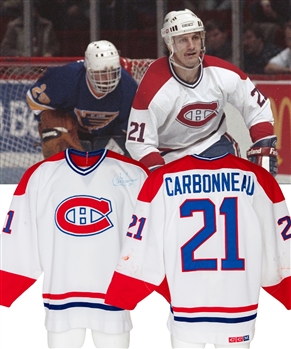 Guy Carbonneaus Late-1980s Montreal Canadiens Signed Game-Worn Jersey - Heavy Game Wear! - Numerous Team Repairs!