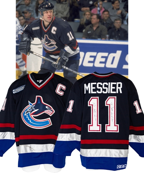 Mark Messier’s 1999-2000 Vancouver Canucks Signed Game-Worn Captain’s Jersey with Team Trainer LOA - 2000 Patch!