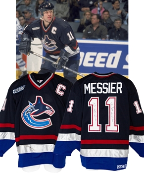 Mark Messier’s 1999-2000 Vancouver Canucks Signed Game-Worn Captain’s Jersey with Team Trainer LOA - 2000 Patch!