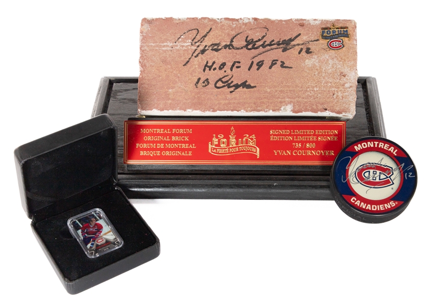 Yvan Cournoyer Signed Montreal Forum Limited-Edition Brick #735/800 in Display Case with COA, Puck and $25 Fine Silver Coin