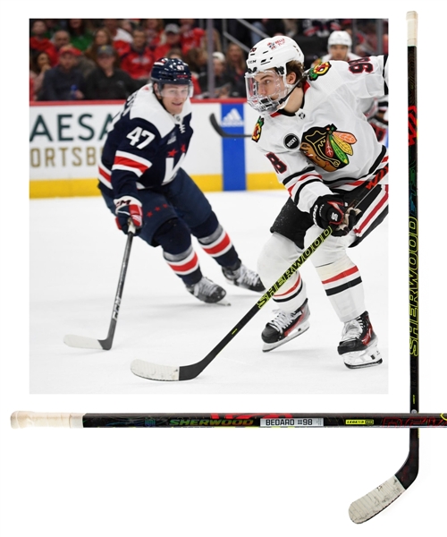 Connor Bedards 2023-24 Chicago Blackhawks Sher-Wood Rekker Legend Pro VR92 Signed Game-Used Rookie Season Stick with AJ Sports Verification and COA - Photo-Matched!