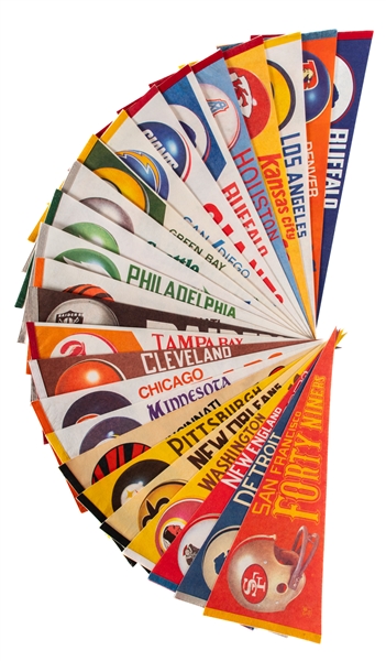 Vintage NFL - National Football League Full Size Double Bar Face Mask Football Pennants (25) Including Patriots, Lions, Redskins, Steelers, Saints, Bengals, Oilers, Browns, Bears, Raiders and Others