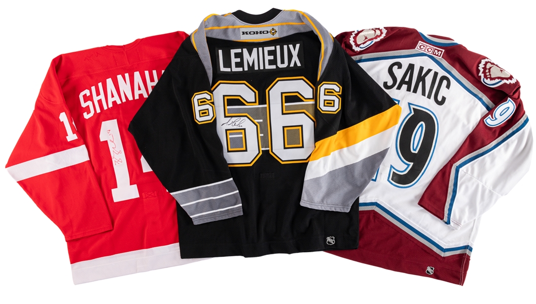 Mario Lemieux & Brendan Shanahan Signed Jerseys with JSA Auction LOA Plus Joe Sakic Avalanche Jersey 