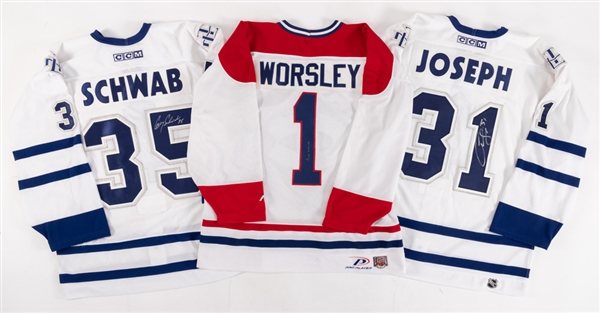 Gump Worsley, Curtis Joseph & Corey Schwab Signed Jerseys with JSA Auction LOA 