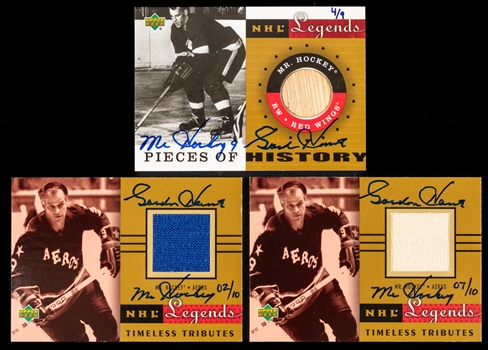 2004-05 UD SP Legendary Signatures & Ultimate Buyback Signed Cards of Gordie Howe w/ UD COAs (3) Inc. 2001-02 UD Timeless Tributes #TT-GH (2/10 & 7/10) and 2001-02 UD Pieces of History #PH-GH (4/9)