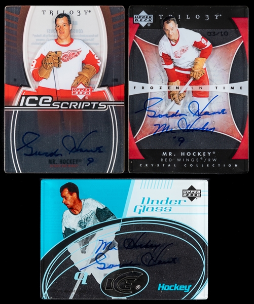 Gordie Howe Signed Hockey Cards (3) Including 2003-04 UD Under Glass #UG-MH, 2006-07 UD Trilogy Ice Scripts #IS-GH and 2005-06 UD Trilogy Frozen in Time #109 (3/10)