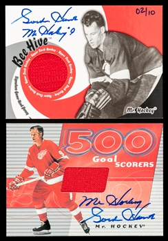 2003-04 UD Bee Hive Autographed Game-Used Jersey Hockey Card #SJ-11 Gordie Howe (02/10) and 2001-02 BAP 500 Goal Scorers Autographed Game-Used Jersey Card #S500-GH Gordie Howe