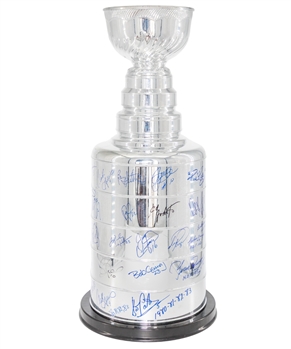 Huge Stanley Cup Replica Trophy Signed by 48 Stanley Cup Champions Including Deceased HOFers Howe, Beliveau, Lafleur, Hull, Bossy, Bower, Kelly and Lindsay (25") - Numerous Annotations! 