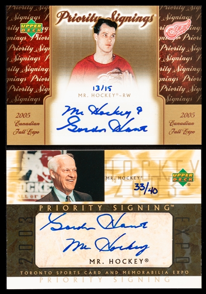 2005 UD Priority Signings Autographed Hockey Card #PS-GH Gordie Howe (13/15 - Canadian Fall Expo) and 2003 UD Priority Signing Autographed Hockey Card #MH Gordie Howe (33/40 - Toronto Expo)