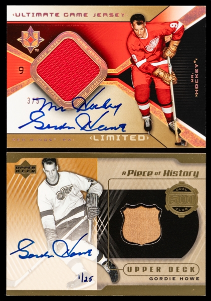 2004-05 UD Ultimate Game Jersey Autographed Hockey Card #UGJA-GH Gordie Howe (3/5) and 2000-01 UD A Piece of History 500 Goals Club Autographed Hockey Card #500-GH Gordie Howe (1/25)