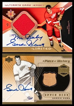 2004-05 UD Ultimate Game Jersey Autographed Hockey Card #UGJA-GH Gordie Howe (3/5) and 2000-01 UD A Piece of History 500 Goals Club Autographed Hockey Card #500-GH Gordie Howe (1/25)