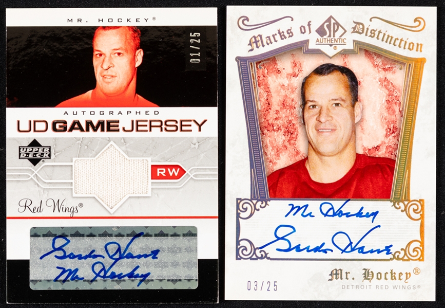 2004-05 UD Autographed Game Jersey Hockey Card #GJA-GH Gordie Howe (1/25) and 2005-06 UD SP Authentic Marks of Distinction Autographed Hockey Card #MD-GH Gordie Howe (3/25)