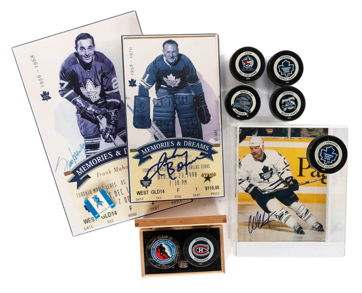 Toronto Maple Leafs and Montreal Canadiens Signed Displays and Pucks Collection with Maurice Richard, Jean Beliveau, Guy Lafleur, Frank Mahovlich, Johnny Bower and Wendel Clark 