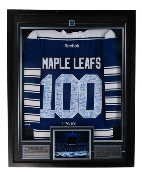 Toronto Maple Leafs 2016-17 Centennial Season Framed Limited-Edition Jersey #79/100 Signed by 100 Past Leafs! - AJ Sports LOA (34" x 42")