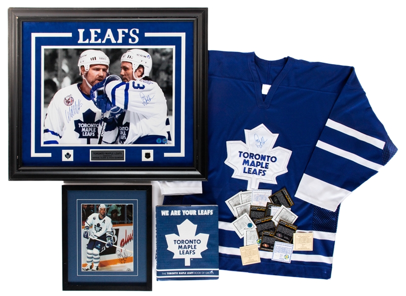 Toronto Maple Leafs Multi-Signed Book (Deceased HOFers Bower, Ullman, Pulford) - COAs Plus Wendel Clark & Doug Gilmour Signed Framed Photo Display and Gilmour Signed Jersey and Small Framed Photo  