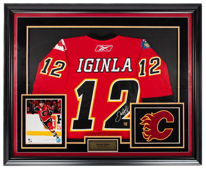 Jarome Iginla Calgary Flames Signed Framed Jersey, Photo and Team Crest Display (36 1/2" x 44 1/2") Plus Signed Easton Stick - COAs