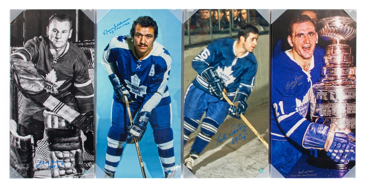 Toronto Maple Leafs Bobby Baun, Mike Walton, Johnny Bower and Norm Ullman Signed Photos on Canvas with COAs (14" x 28")