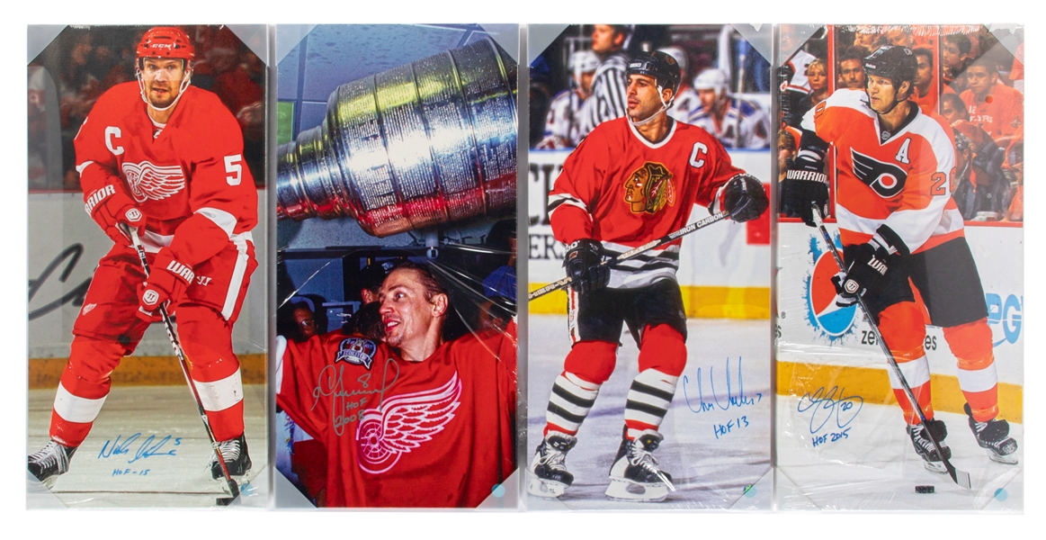 HOFers Chris Chelios, Chris Pronger, Nicklas Lidstrom and Igor Larionov Signed Photos on Canvas with COAs (14" x 28")