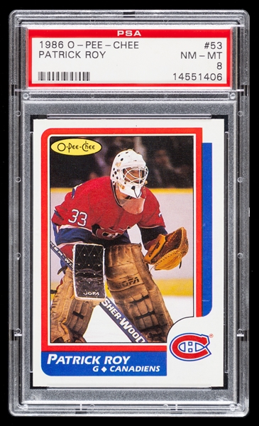 1986-87 O-Pee-Chee Hockey Card #53 HOFer Patrick Roy Rookie - Graded PSA 8