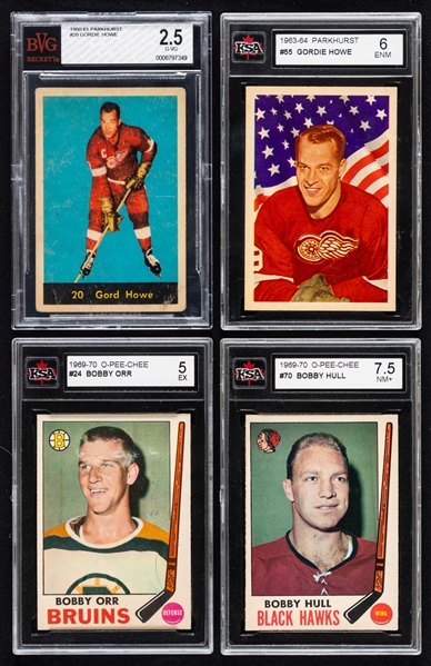 1960s and 1970s Parkhurst and O-Pee-Chee Beckett/KSA-Graded Hockey Cards (4) of HOFers Gordie Howe (2), Bobby Orr and Bobby Hull