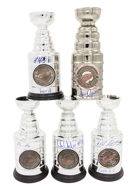 Detroit Red Wings Signed 1998, 2002 and 2008 Mini Stanley Cup Collection of 5 with Nicklas Lidstrom, Chris Chelios, Sergei Fedorov, Igor Larionov and Jamie Macoun - COAs 