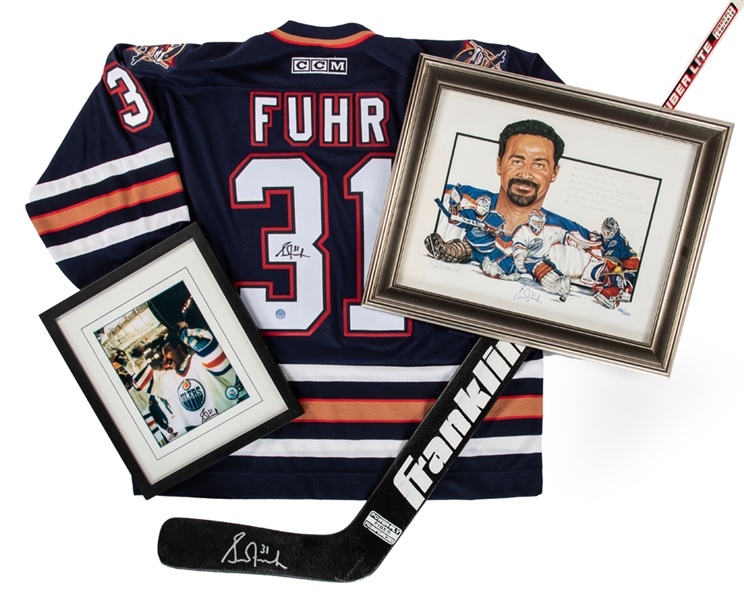 Grant Fuhr Signed Franklin Stick, Framed Limited-Edition Print and Edmonton Oilers Jersey