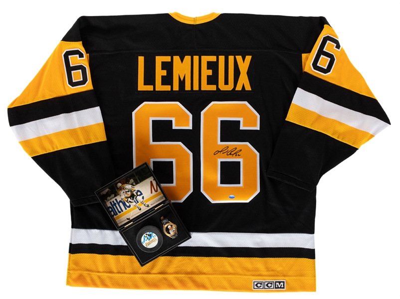 Mario Lemieux Pittsburgh Penguins Signed Jersey and Watch with Signed Puck and Display Box 