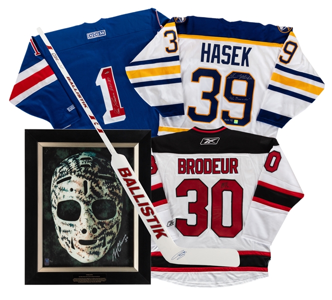 Gerry Cheevers Signed Limited-Edition Mask Framed Photo on Canvas Plus Stick Signed by Curtis Joseph and Jerseys Signed by Dominik Hasek, Ed Giacomin and Martin Brodeur 