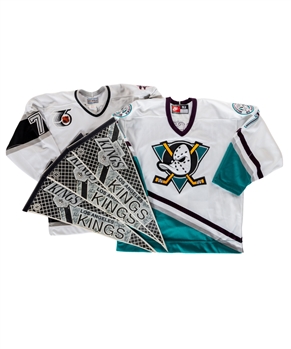 Tomas Sandstroms Memorabilia Collection Including 1992-93 Los Angeles Kings Team-Signed Pennants (3) and LA Kings and Anaheim Mighty Ducks Pro Replica Jerseys from His Personal Collection with LOA 