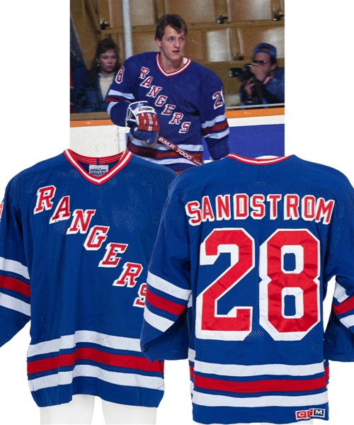 Tomas Sandstroms 1989-90 New York Rangers Game-Worn Jersey from His Personal Collection with LOA - Team Repairs! - Photo-Matched!