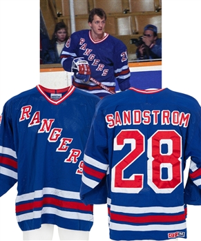 Tomas Sandstroms 1989-90 New York Rangers Game-Worn Jersey from His Personal Collection with LOA - Team Repairs! - Photo-Matched!