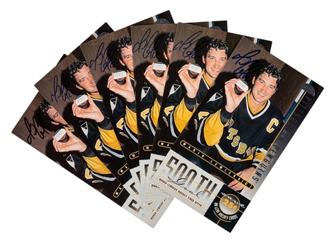 Mario Lemieux Pittsburgh Penguins Signed 1995-96 Leaf "500th Goal" Oversized Promo Hockey Cards (6) from Tomas Sandstrom Personal Collection with LOAs